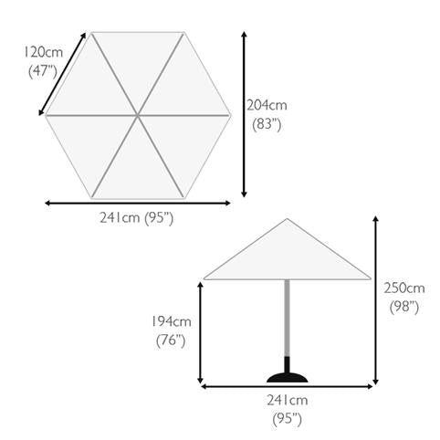 Windsor 2.5 metre round wooden printed parasol dimensions